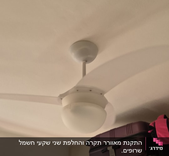 מאוורר תקרה מותקן בחדר עם מזוודות על מדף